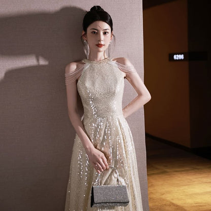 Sleeveless Round Neck Plain Sequin Beaded A-Line Evening Gown