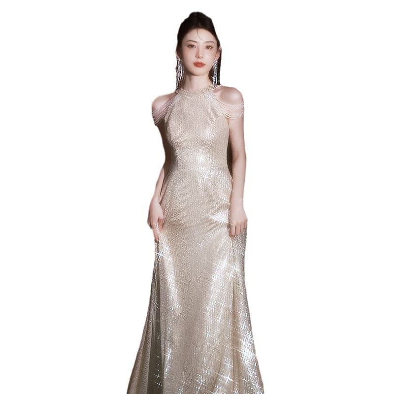 Sleeveless Round Neck Plain Sequin Beaded A-Line Evening Gown