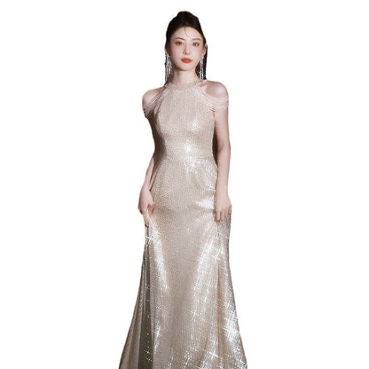 Sleeveless Round Neck Plain Sequin Beaded A-Line Evening Gown