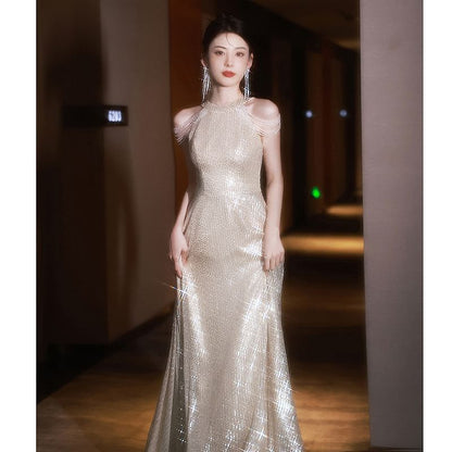 Sleeveless Round Neck Plain Sequin Beaded A-Line Evening Gown