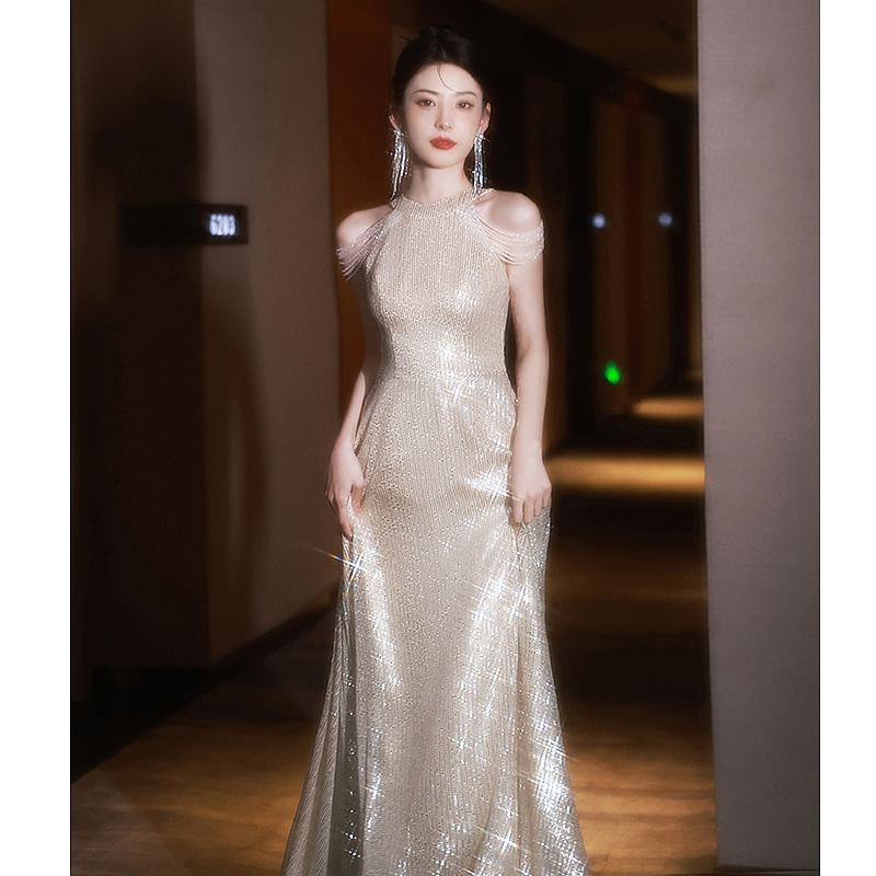 Sleeveless Round Neck Plain Sequin Beaded A-Line Evening Gown