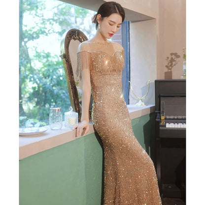 Short Sleeve Round Neck Plain Sequin Beaded Fringe Panel Mesh Mermaid Evening Gown