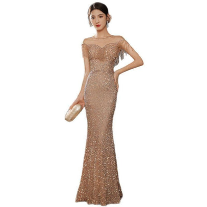 Short Sleeve Round Neck Plain Sequin Beaded Fringe Panel Mesh Mermaid Evening Gown