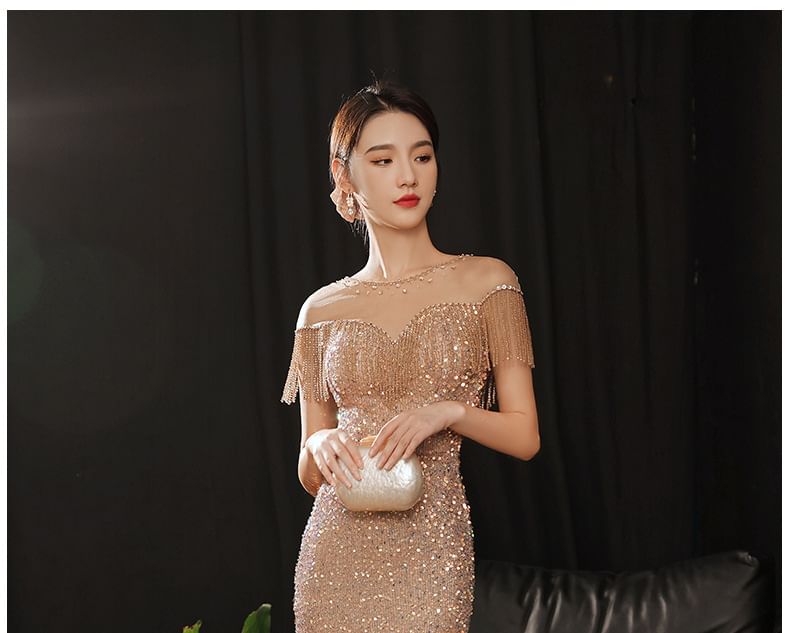 Short Sleeve Round Neck Plain Sequin Beaded Fringe Panel Mesh Mermaid Evening Gown