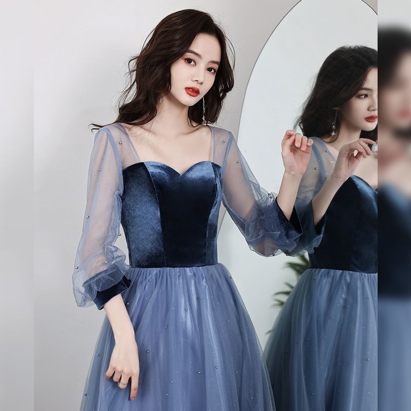 Long Sleeve Sweetheart Neck Velvet Panel Mesh A-Line Evening Gown