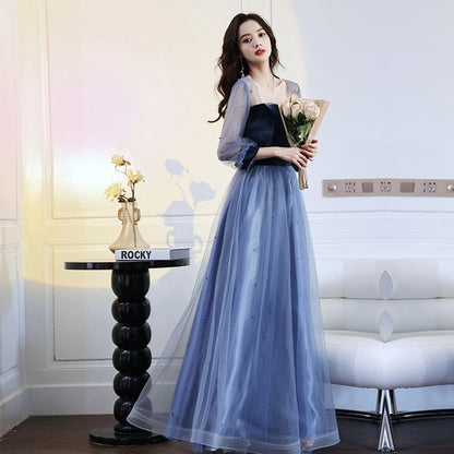 Long Sleeve Sweetheart Neck Velvet Panel Mesh A-Line Evening Gown