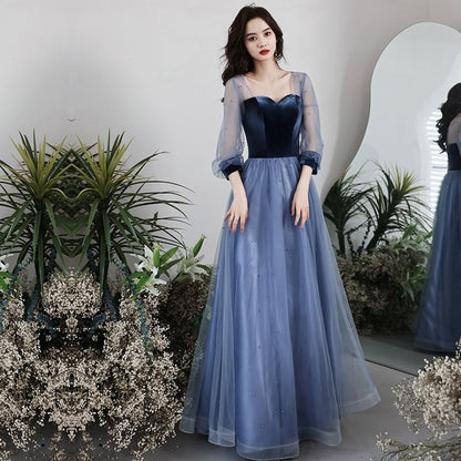 Long Sleeve Sweetheart Neck Velvet Panel Mesh A-Line Evening Gown