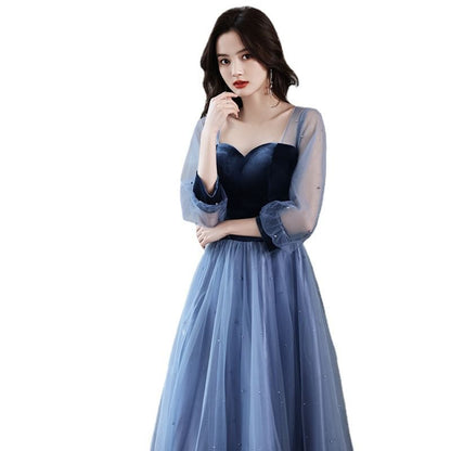 Long Sleeve Sweetheart Neck Velvet Panel Mesh A-Line Evening Gown