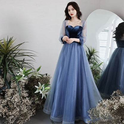 Long Sleeve Sweetheart Neck Velvet Panel Mesh A-Line Evening Gown
