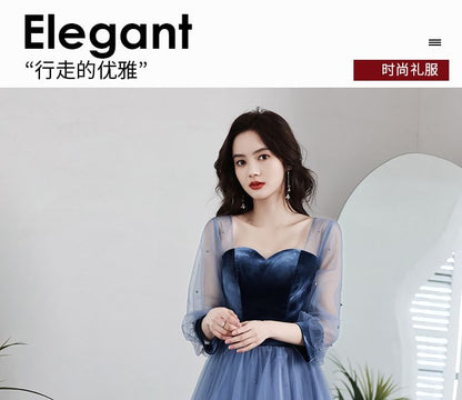 Long Sleeve Sweetheart Neck Velvet Panel Mesh A-Line Evening Gown
