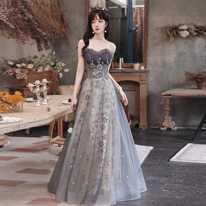 Sequin Embroidered Mesh A-Line Tube Evening Gown