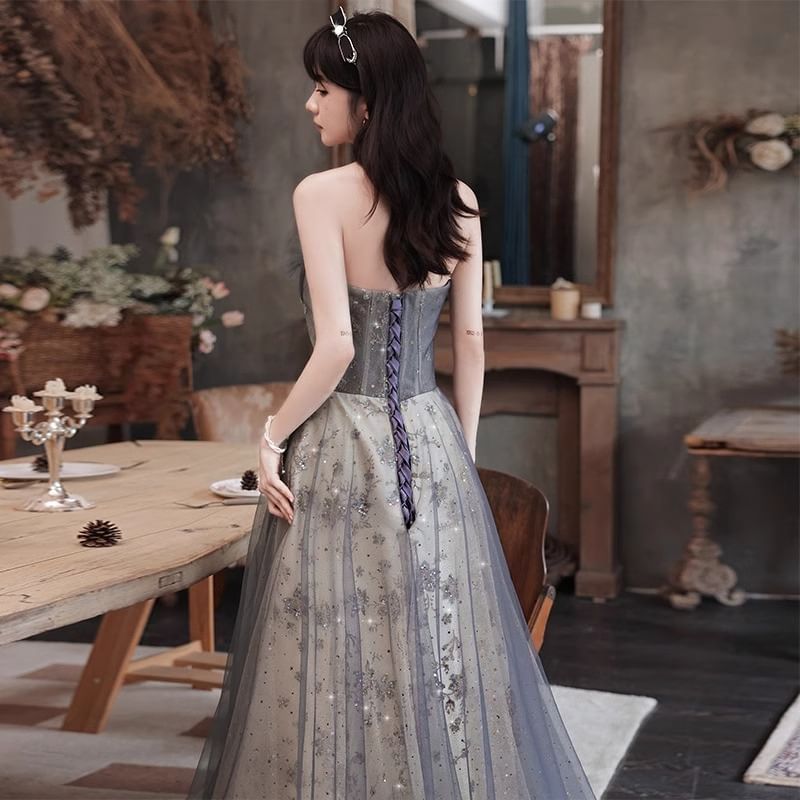 Sequin Embroidered Mesh A-Line Tube Evening Gown