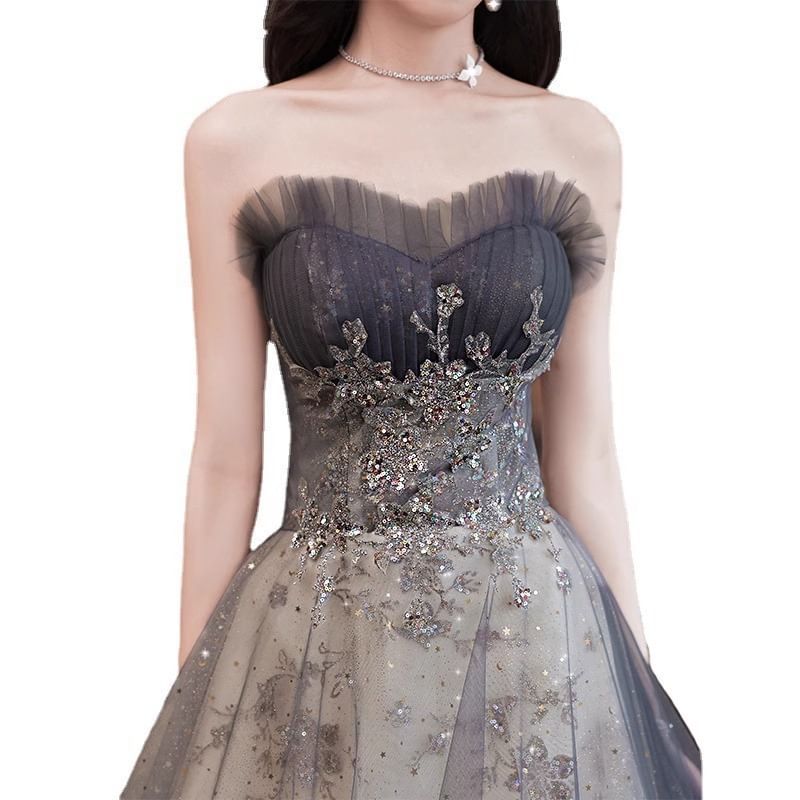 Sequin Embroidered Mesh A-Line Tube Evening Gown
