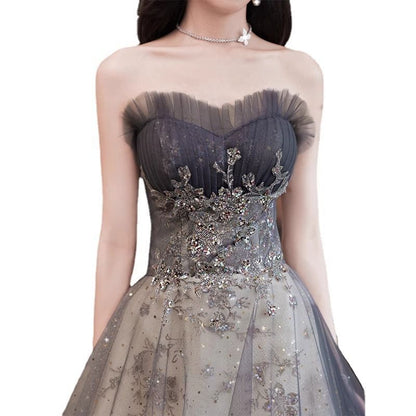 Sequin Embroidered Mesh A-Line Tube Evening Gown