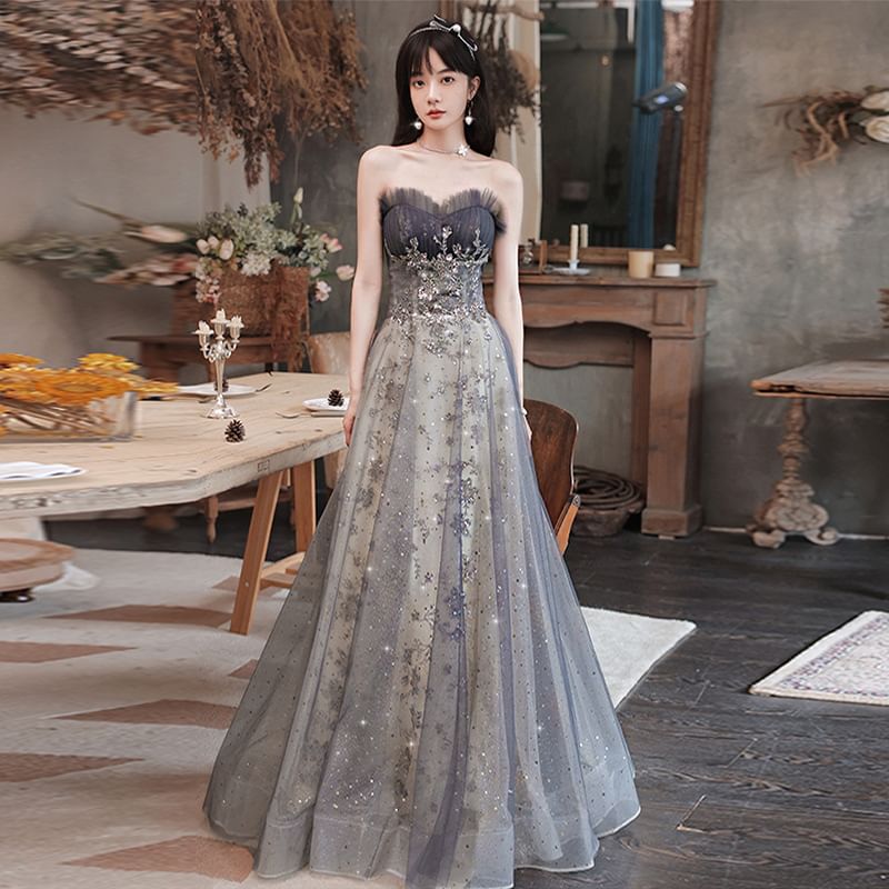 Sequin Embroidered Mesh A-Line Tube Evening Gown