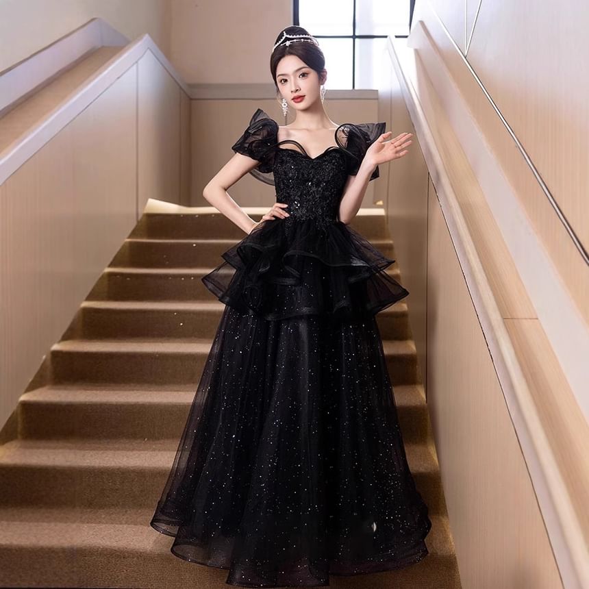 Short Sleeve Sweetheart Neck Plain Sequin Embroidered Glitter Ruffle Mesh A-Line Evening Gown