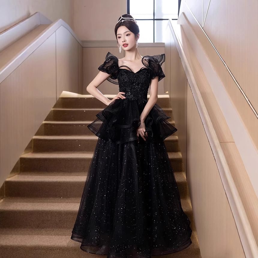 Short Sleeve Sweetheart Neck Plain Sequin Embroidered Glitter Ruffle Mesh A-Line Evening Gown