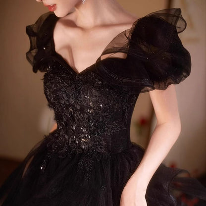 Short Sleeve Sweetheart Neck Plain Sequin Embroidered Glitter Ruffle Mesh A-Line Evening Gown