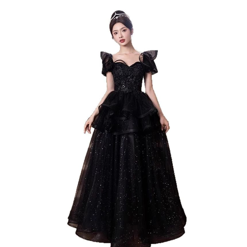 Short Sleeve Sweetheart Neck Plain Sequin Embroidered Glitter Ruffle Mesh A-Line Evening Gown