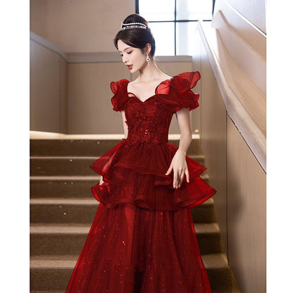 Short Sleeve Sweetheart Neck Plain Sequin Embroidered Glitter Ruffle Mesh A-Line Evening Gown