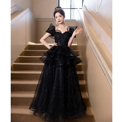 Short Sleeve Sweetheart Neck Plain Sequin Embroidered Glitter Ruffle Mesh A-Line Evening Gown