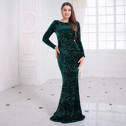Long Sleeve Boat Neck Plain Sequin Mermaid Evening Gown