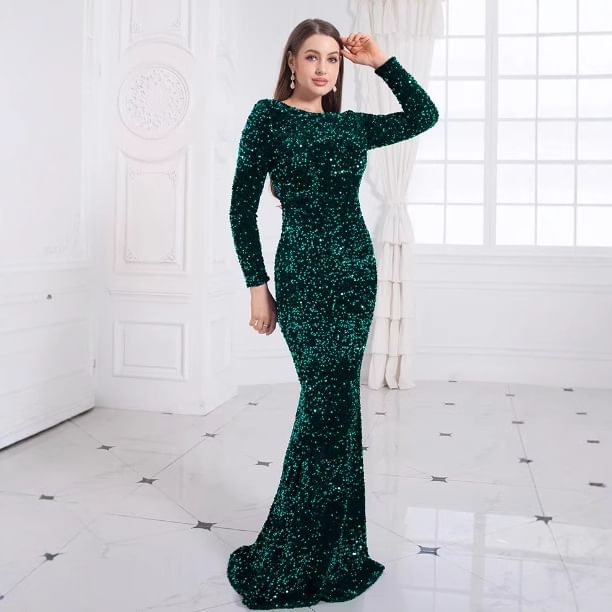 Long Sleeve Boat Neck Plain Sequin Mermaid Evening Gown