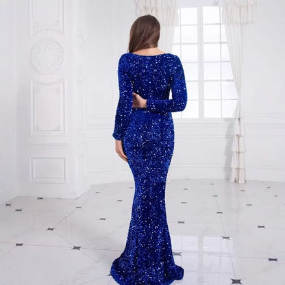 Long Sleeve Boat Neck Plain Sequin Mermaid Evening Gown