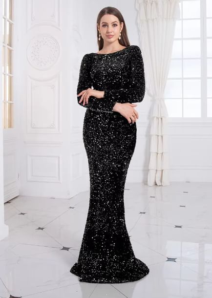Long Sleeve Boat Neck Plain Sequin Mermaid Evening Gown