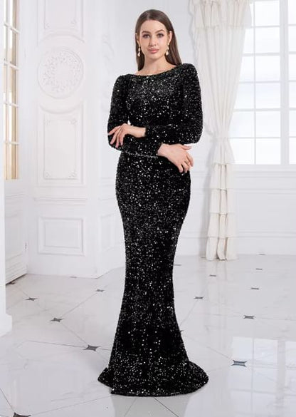 Long Sleeve Boat Neck Plain Sequin Mermaid Evening Gown