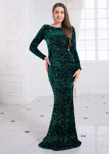 Long Sleeve Boat Neck Plain Sequin Mermaid Evening Gown