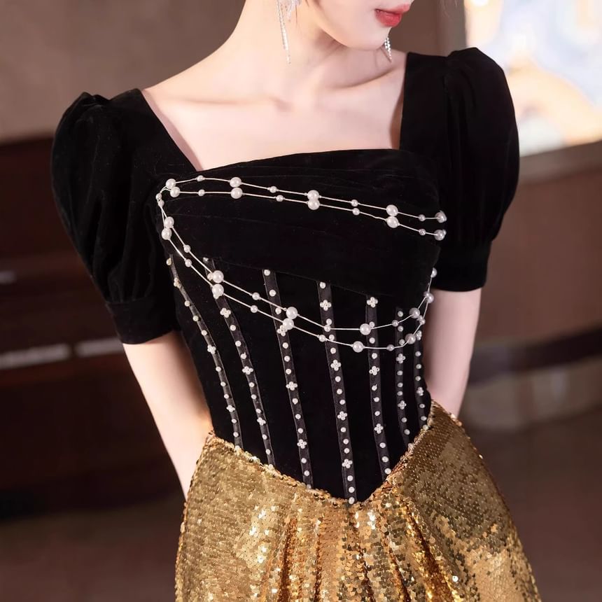 Short Sleeve Square Neck Beaded Sequin Panel Trumpet Evening Gown