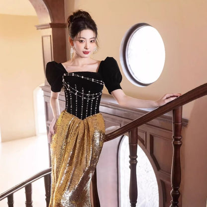 Short Sleeve Square Neck Beaded Sequin Panel Trumpet Evening Gown