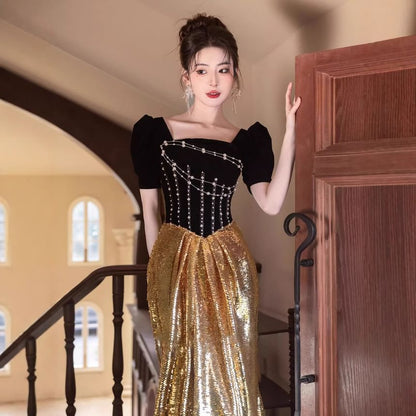 Short Sleeve Square Neck Beaded Sequin Panel Trumpet Evening Gown