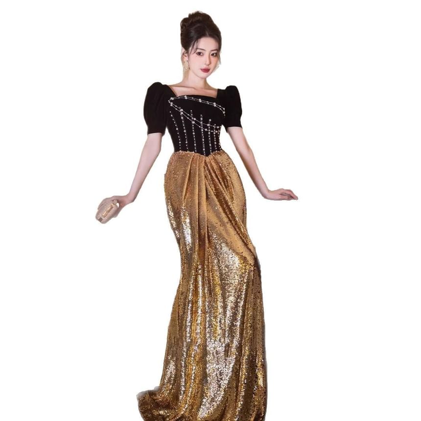 Short Sleeve Square Neck Beaded Sequin Panel Trumpet Evening Gown