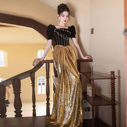 Short Sleeve Square Neck Beaded Sequin Panel Trumpet Evening Gown