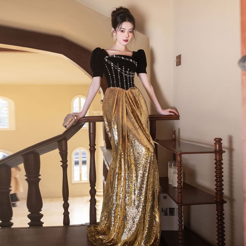 Short Sleeve Square Neck Beaded Sequin Panel Trumpet Evening Gown