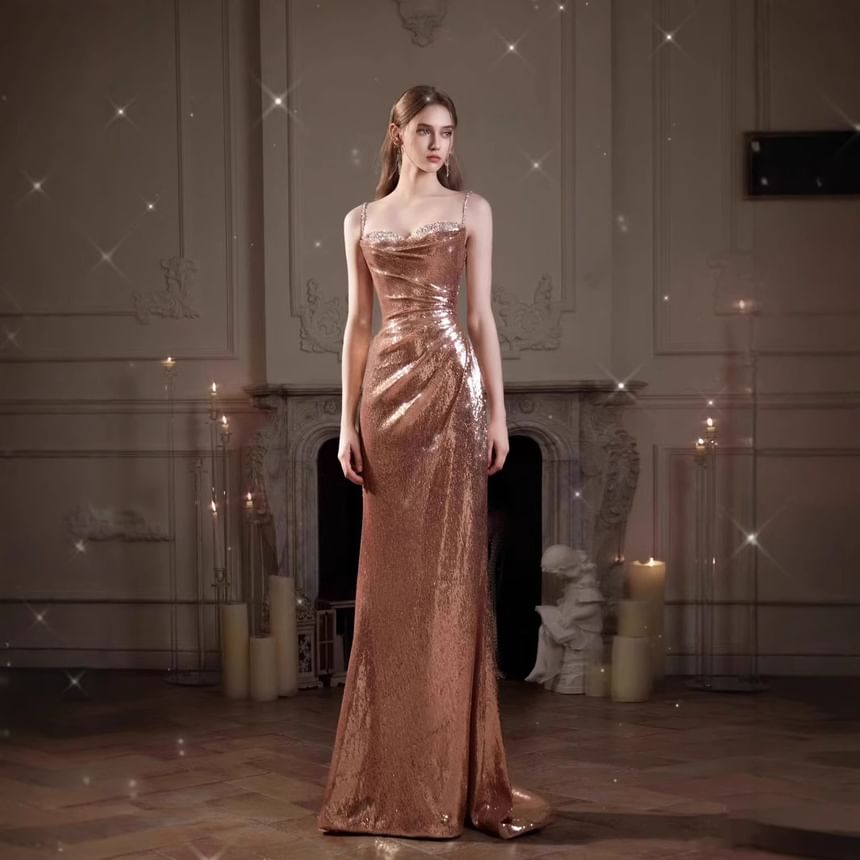 Spaghetti Strap Sweetheart Neck Sequin Panel Ruched Trumpet Evening Gown