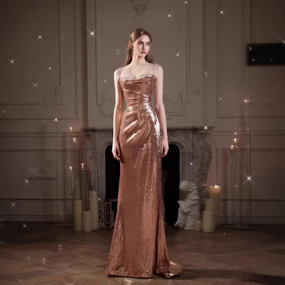 Spaghetti Strap Sweetheart Neck Sequin Panel Ruched Trumpet Evening Gown