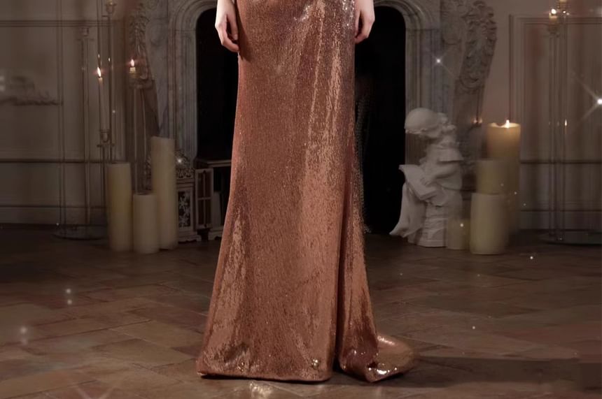 Spaghetti Strap Sweetheart Neck Sequin Panel Ruched Trumpet Evening Gown