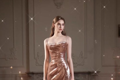 Spaghetti Strap Sweetheart Neck Sequin Panel Ruched Trumpet Evening Gown