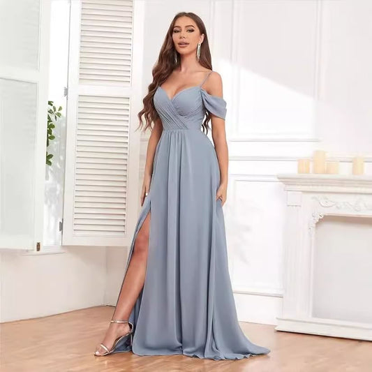 Spaghetti Strap Cold Shoulder Sweetheart Neck Plain Ruched Slit Maxi A-Line Bridesmaid Dress
