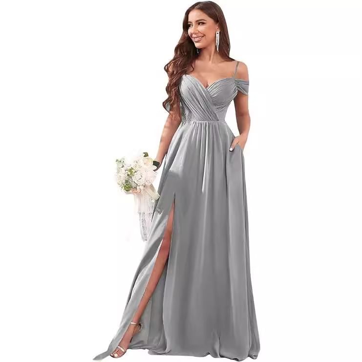 Spaghetti Strap Cold Shoulder Sweetheart Neck Plain Ruched Slit Maxi A-Line Bridesmaid Dress