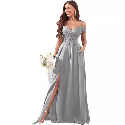 Spaghetti Strap Cold Shoulder Sweetheart Neck Plain Ruched Slit Maxi A-Line Bridesmaid Dress