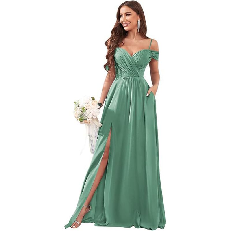 Spaghetti Strap Cold Shoulder Sweetheart Neck Plain Ruched Slit Maxi A-Line Bridesmaid Dress