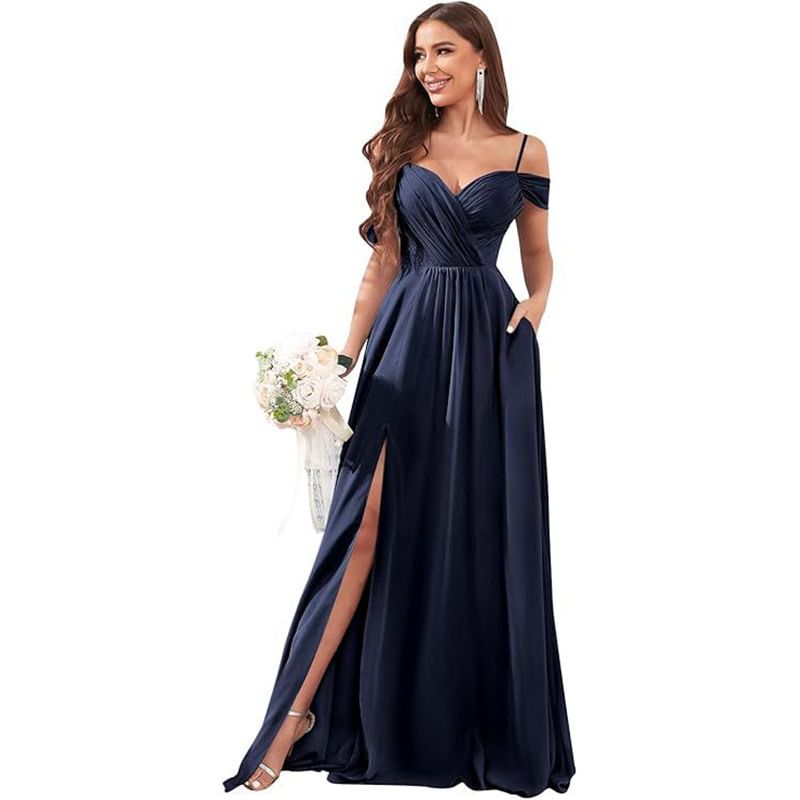 Spaghetti Strap Cold Shoulder Sweetheart Neck Plain Ruched Slit Maxi A-Line Bridesmaid Dress
