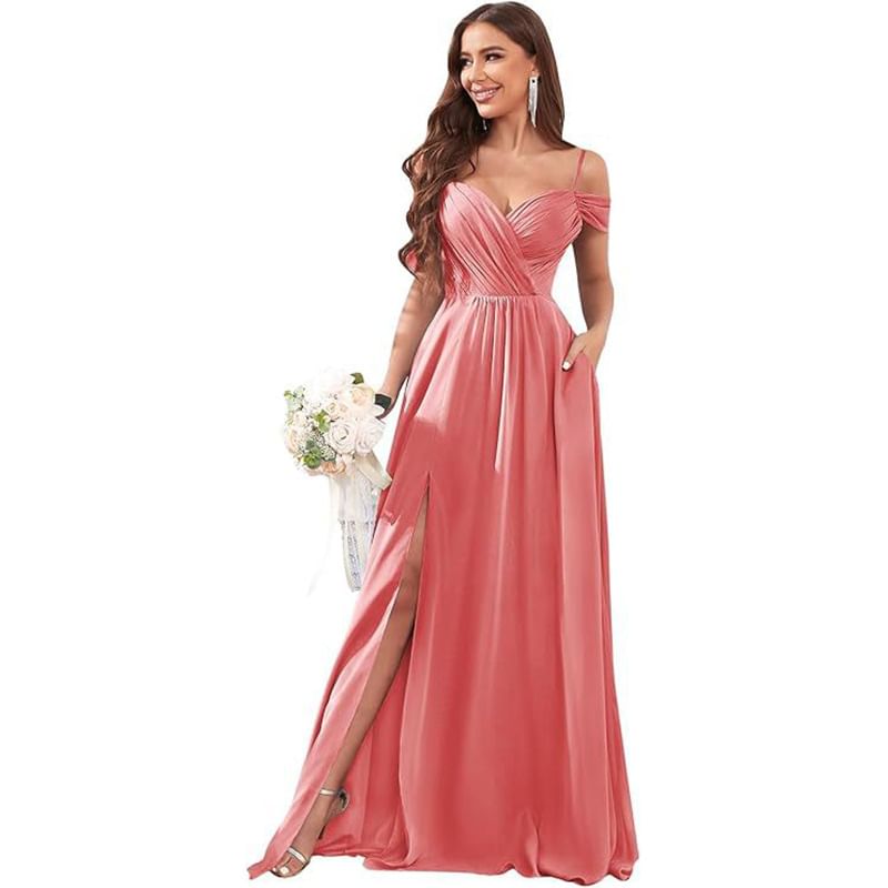 Spaghetti Strap Cold Shoulder Sweetheart Neck Plain Ruched Slit Maxi A-Line Bridesmaid Dress
