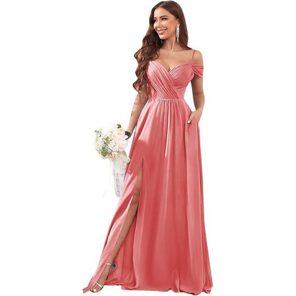 Spaghetti Strap Cold Shoulder Sweetheart Neck Plain Ruched Slit Maxi A-Line Bridesmaid Dress