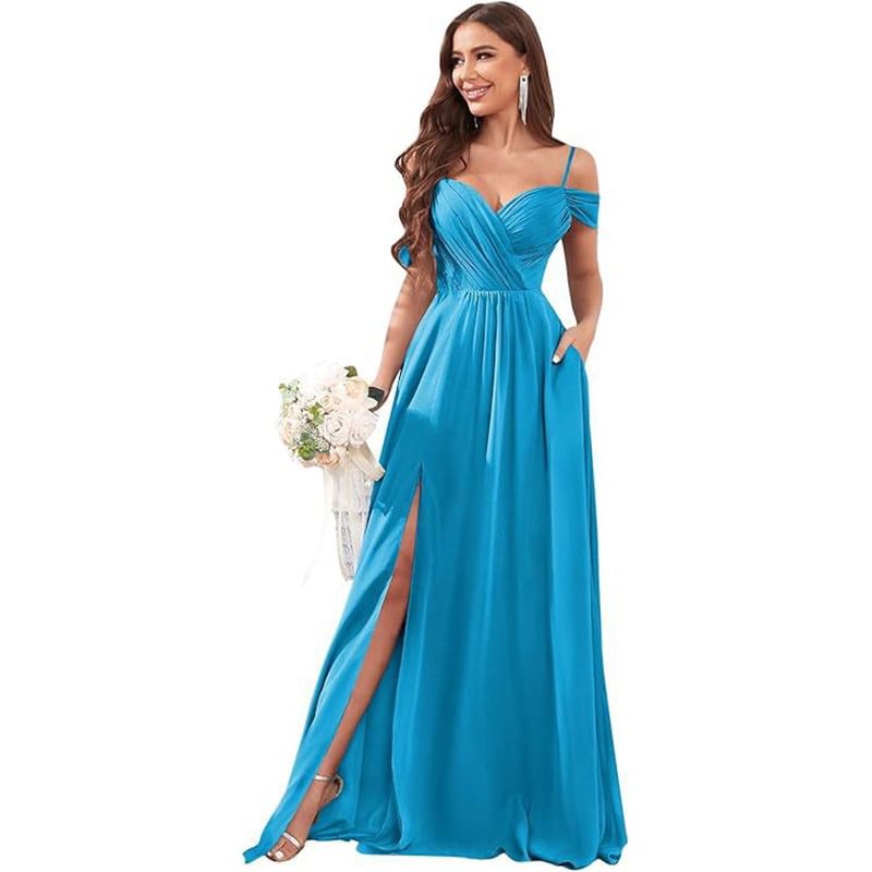 Spaghetti Strap Cold Shoulder Sweetheart Neck Plain Ruched Slit Maxi A-Line Bridesmaid Dress