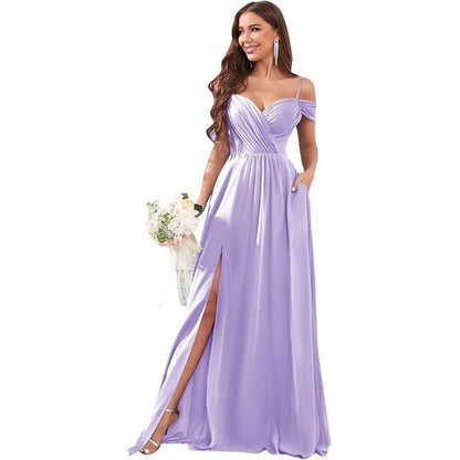 Spaghetti Strap Cold Shoulder Sweetheart Neck Plain Ruched Slit Maxi A-Line Bridesmaid Dress